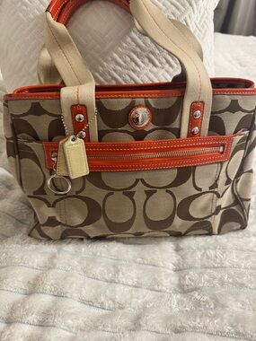 Coach Signature Daisey Tote in Khaki with Orange Trim